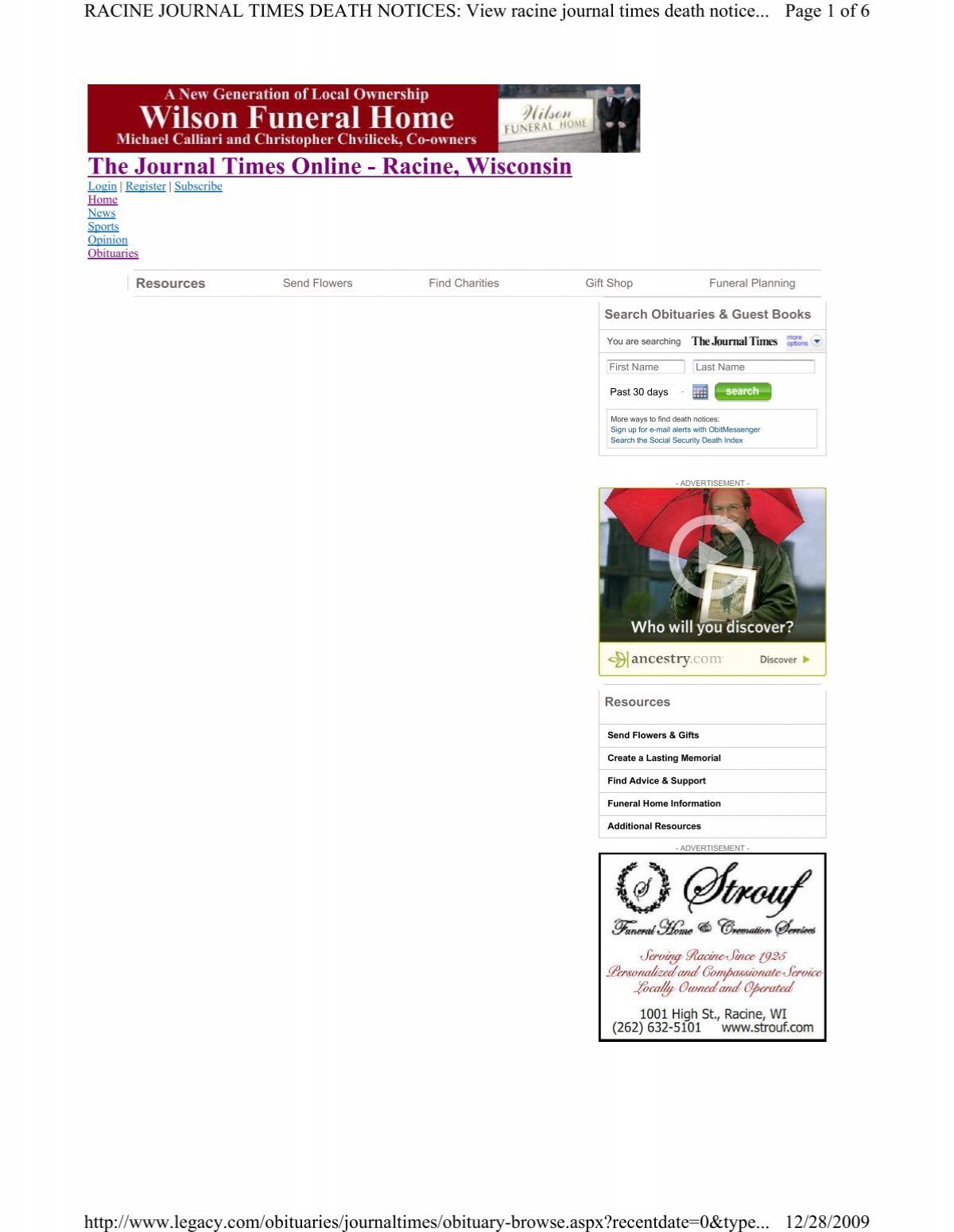 Racine Journal Times: Death Notices & Obituaries This Week